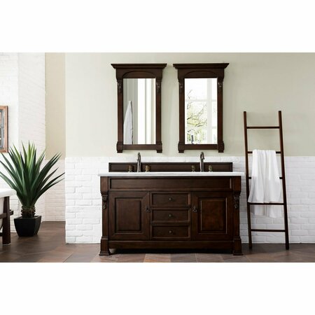 James Martin Vanities Brookfield 60in Double Vanity, Burnished Mahogany w/ 3 CM Arctic Fall Solid Surface Top 147-114-5661-3AF